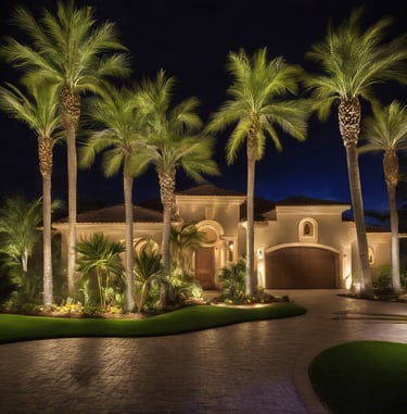Luxury villa at night with elegant landscape lighting, palm trees, and a cobblestone driveway.