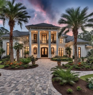 Luxury white mansion with palm trees and a paved driveway under a sunset sky.