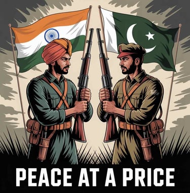 Illustration of Indian and Pakistani soldiers facing each other with rifles, national flags in the background