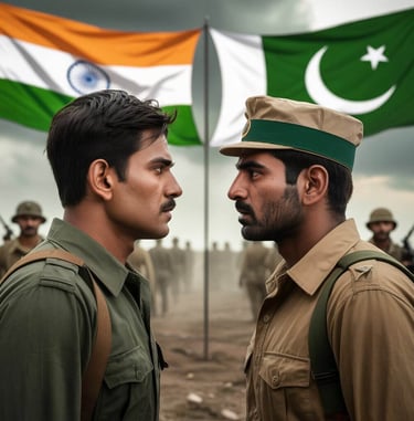 Indian and Pakistani soldiers face to face in a tense standoff, symbolizing the historic conflict between India and Pakistan