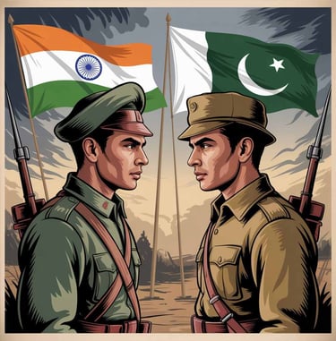 Vintage-style illustration of Indian and Pakistani soldiers facing each other with national flags in the background.