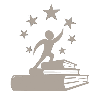 a person reaching for stars while moving up stairs made of books.