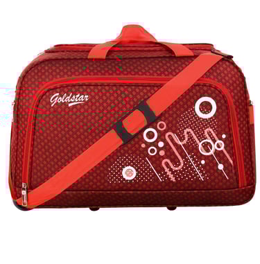 red duffle wheeler bags with print design on it