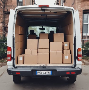 a van with boxes of boxes in the back of it