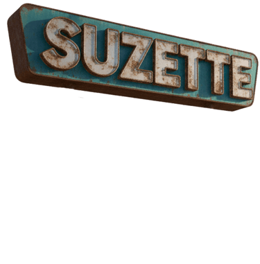 Vintage rusty metal marquee sign featuring the name Suzette in weathered white letters on a teal background.