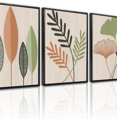 Three-piece botanical wall art set with minimalist leaf designs in green and terracotta tones.