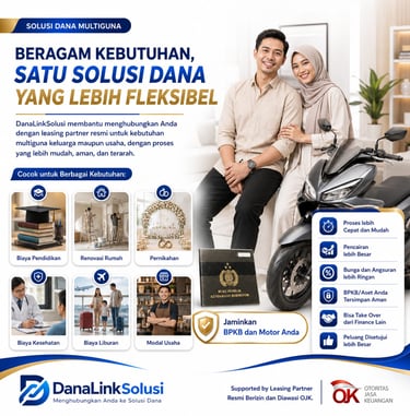 A happy couple posing with a motorbike for a DanaLinkSolusi multipurpose loan advertisement.