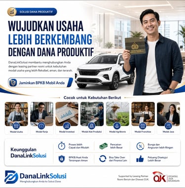 Promotional poster for DanaLinkSolusi showing a man holding a vehicle document for business capital loans.