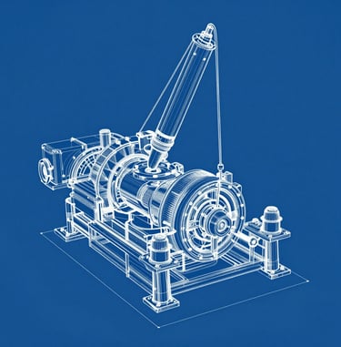 Detailed industrial engineering blueprint showing a 3D wireframe model of mechanical machinery on a blue background.