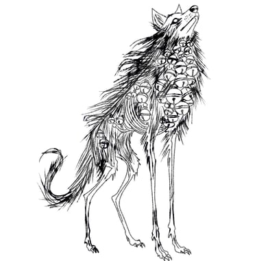 Stylized black and white drawing of a skeletal wolf covered in many eyes, ominous eyes looking eyes and bells.