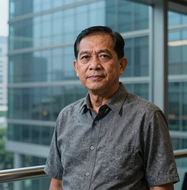 Portrait of a Southeast Asian / Indonesian male senior editor standing in a modern glass office in Jakarta with subtle vibrant blue lighting in the background, professional editorial photography.