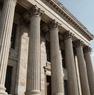 Low-angle architectural view of a neoclassical sovereign financial institution, strong structured stone columns, deep shadows, crisp daylight, formal and commanding composition.