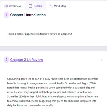 Screenshot of a digital study platform showing a literature review on the health benefits of green tea.