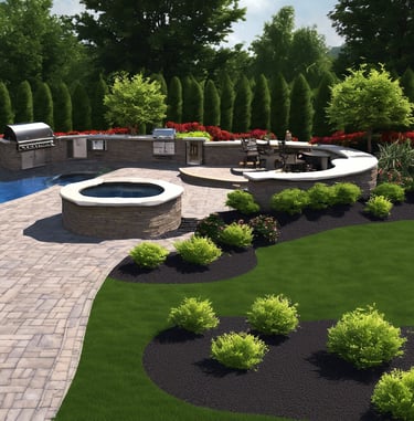 picture of backyard landscape with firepit outdoor kitchen pavers and retaining wall