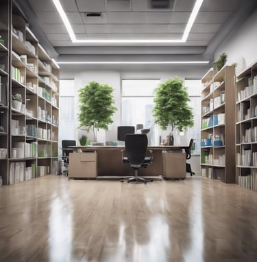a desk with a chair and a desk with a plant in the middle