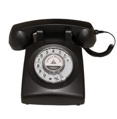 Vintage black rotary dial telephone with classic handset and coiled cord on white background.