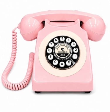 Vintage pink rotary-style audio guest book telephone for weddings and events on a white background.