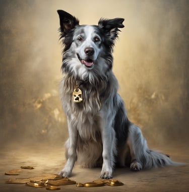 a dog sitting on a table with coins and a dog tag tag