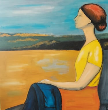 a painting of a woman sitting on a bench