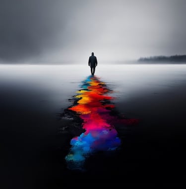 A lone figure walking through a vast, desaturated landscape, leaving behind a vibrant, multi-coloured trail of paint or light