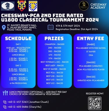 Chessway-PCA Penang Chess Malaysia 2nd FIDE Rated U1800 Classical Tournament 2024 Catur Malaysia