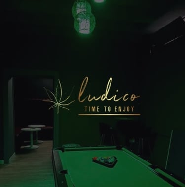 Sala interior de Ludico Weed Club con decoración verde y mesa de billar