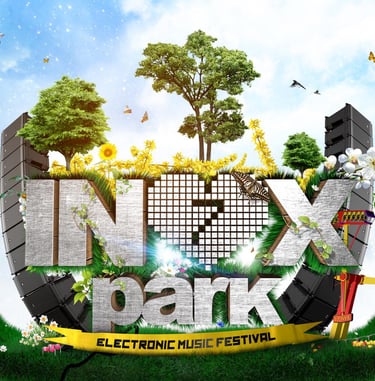 Inox Park Electronic Music Festival logo with nature elements, trees, and concert speakers.