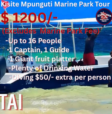 Kisite Mpunguti Marine Park boat tour advertisement for Scuba Duka Diani Beach Kenya.