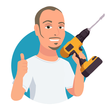 Cartoon graphic image of Cyd holding a drill