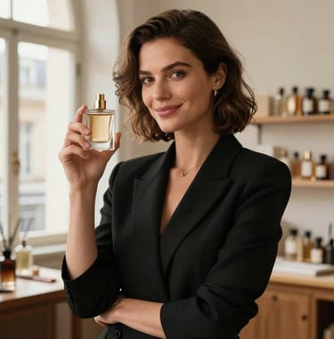A high-end portrait of a female perfume designer in a bright Paris studio, wearing chic black attire and holding an elegant glass fragrance bottle, smiling softly. Warm natural lighting, professional photography, France.