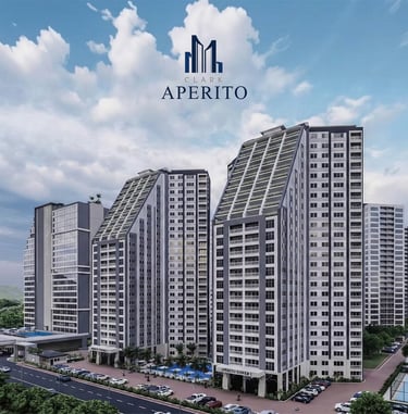 Full exterior perspective view of Aperito Tower residential complex featuring iconic twin towers in 