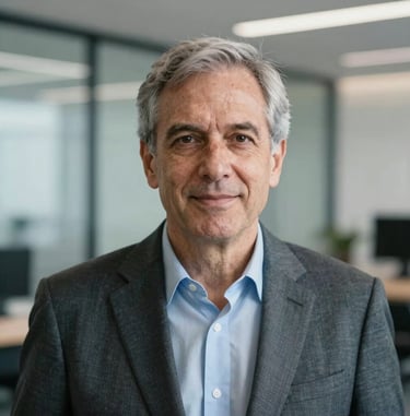 A corporate portrait of a senior tech executive in a brightly-lit modern North American / Global office. Professional attire, intelligent expression, soft blue and gray tones in the background, high-end photography style with shallow depth of field.