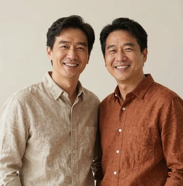 A professional portrait of an East Asian / Chinese couple standing close together, smiling genuinely. They are dressed in smart-casual linen shirts of soft sand and terracotta colors. The lighting is soft, natural, and warm, with a clean neutral background.