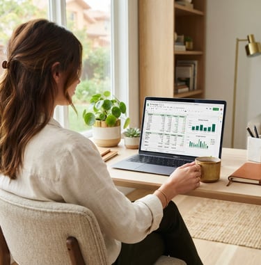 Over-the-shoulder shot of a person calmly reviewing their monthly budget on a laptop screen, bright morning daylight, warm gold accents, clean editorial look