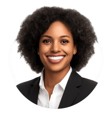 Portrait of a smiling woman with dark curly hair in a business suit inside a circular frame.