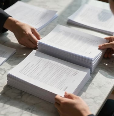 Wide panoramic view of hands organizing a thick file of official documents on a marble desk, soft morning sunlight casting long shadows.