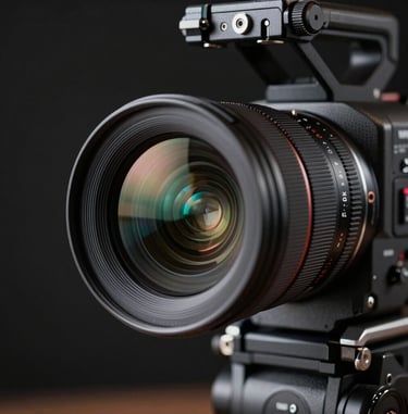 Extreme close-up of a professional 4K broadcast camera lens mounted on a precision rig, cyan LED accent light reflecting off the lens glass, dark studio background, geometric metal hardware in sharp focus, no people