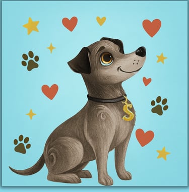 Samson the friendly illustrated dog surrounded by hearts and stars — children’s Christian character.