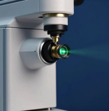 High-precision ophthalmic laser system with a glowing green aiming beam, micro-optics lens in razor-sharp focus, clinical dark blue background