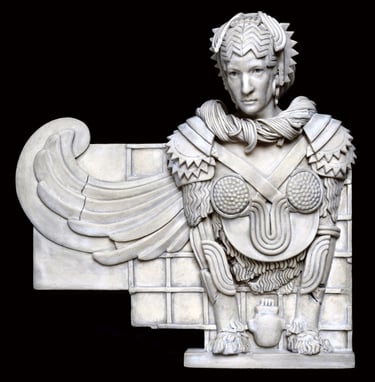 Small ceramic wall sculpture of a winged female Sphinx.