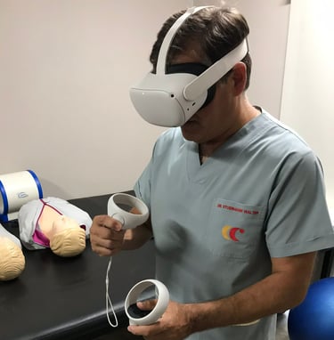 a man in scrubs and a virtual reality headset
