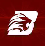a red and white logo with a lion head