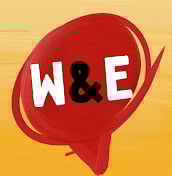 a red and white speech bubble logo