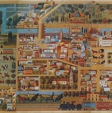 a painting of a cityscape of a city Αγηνωρ Αστεριαδης