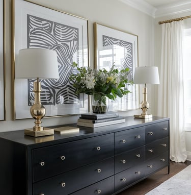 a dresser with a vase of flowers in a room