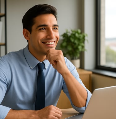Hombre en la oficina, pensando en emprender y poner un negocio para más ingresos.
