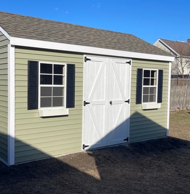 10x14 vinyl shed custom built in Peabody, Massachusetts for durable outdoor storage.