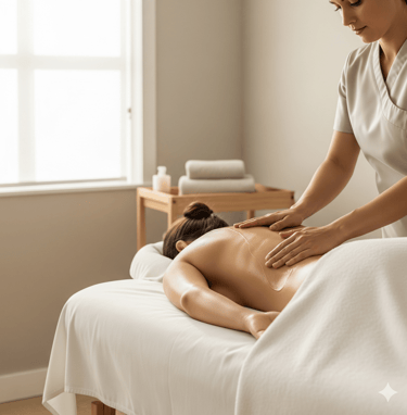 Massage therapist performing Swedish massage with oil strokes on the back