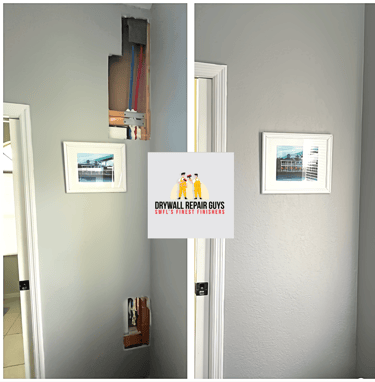 Before & After image of a wall repair after plumbing leak