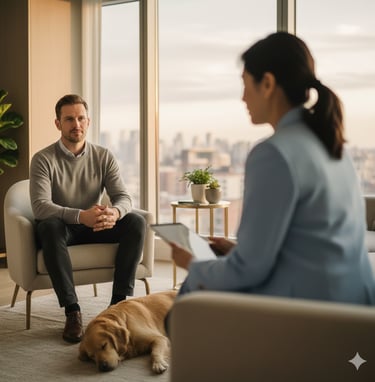 A patient speaking with his psychiatrist in a calm setting.